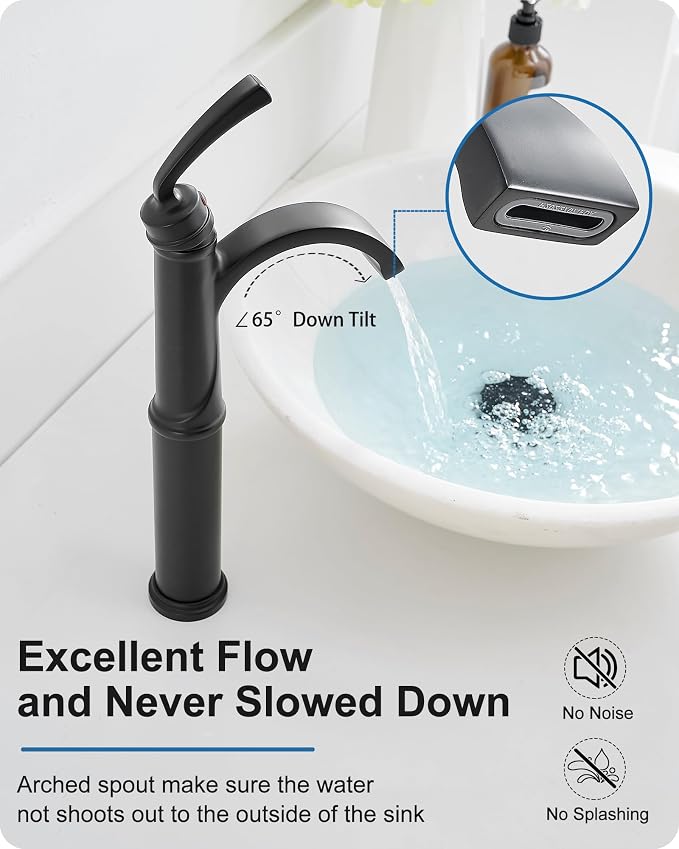Waterfall Vessel Faucet, Tall Bathroom Faucet Black, Brass Vessel Sink Faucets Bathroom Sink Faucet One Hole Single Handle with Supply Hoses Pop-up Drain