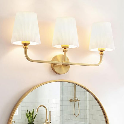 3-Light Brushed Gold Bathroom Vanity Light, Pleated Fabric Shade | 24.75" 3-light gold double wall sconce with white pleated fabric shades, E26 bulbs, hardwired, upward only, VL837-BG-Z-3