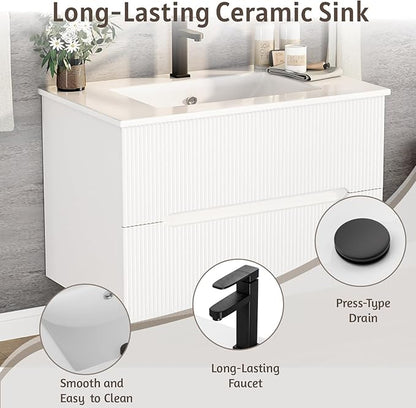 EROMMY 30 Inch Bathroom Vanity with Sink, Floating Bathroom Vanity with Ceramic Basin, Wall Mounted Fluted Bathroom Sink Cabinet Set with 2 Soft-Close Drawers, Faucet & Pop Up Drain, White