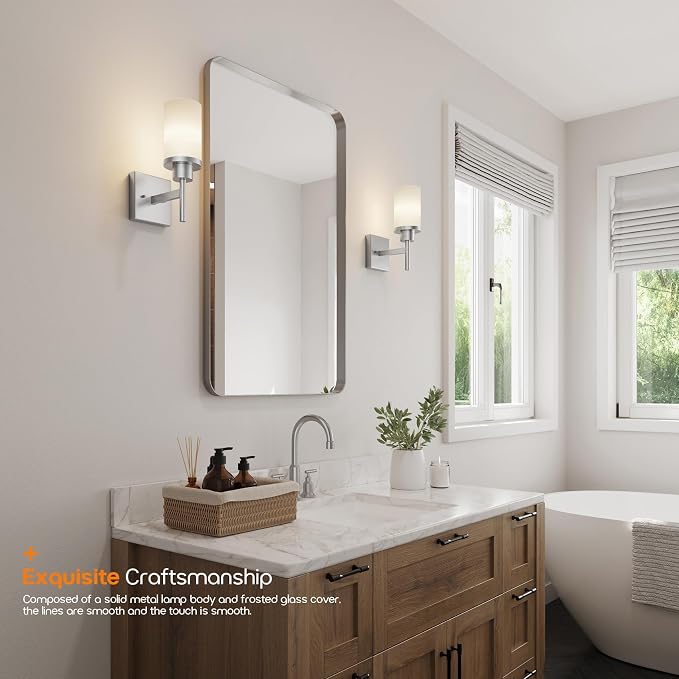 Bathroom Light Fixtures Brushed Nickel Vanity Lights with White Frosted Glass Shade, Wall Lamp for Mirror Kitchen Bedroom Porch, 2 Pack T001BR-L1-P2