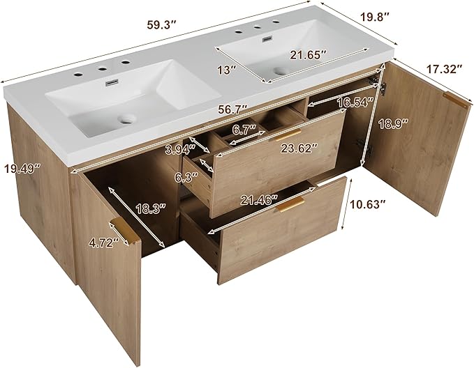 SOFTSEA 60" Double Sink Bathroom Vanity, Floating Bathroom Cabinet with 2 Storage Drawers & Soft Close Doors, Modern Wall Mounted Double Vanity with SMC Sink, Golden Handle, Wood