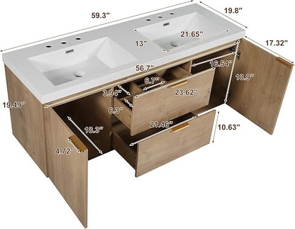 SOFTSEA 60" Double Sink Bathroom Vanity, Floating Bathroom Cabinet with 2 Storage Drawers & Soft Close Doors, Modern Wall Mounted Double Vanity with SMC Sink, Golden Handle, Wood