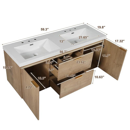 Modern Double Sink Wall-Mounted Bathroom Vanity 60 Inch with SMC Countertop and Divided Drawers, Vintage MDF Cabinet with Storage, Soft Close Doors and Metal Handles for Large Bathrooms, Natural
