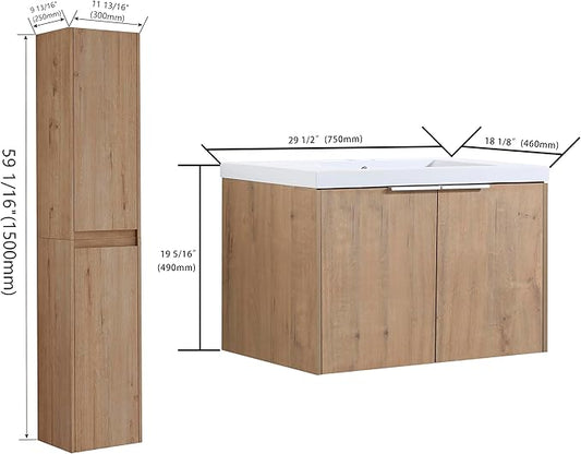 72" Floating Double Sink Bathroom Vanity Brown Wall Mount Bathroom Vanity Cabinet with Sink Combo, 72-Inch Bathroom Vanities Set with Open Storage Shelf & 2 Side Cabinet & 2 30in Bathroom Vanities