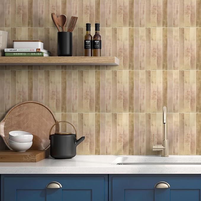 10 Sheet Pink with Beige 9 * 11.4 in backsplash Tiles Peel Stick for Kitchen Bathroom RV Fireplace Decor, Thick Design Glossy wall Tile Stickers Stick on Tiles backsplash