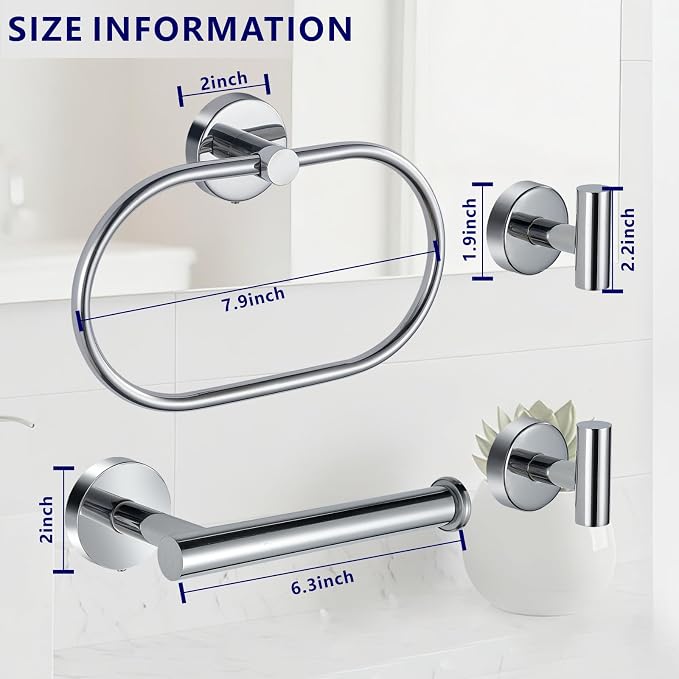 Bathroom Hardware Set Includes Towel Ring, Toilet Paper Holder and 2 Towel Hooks, SUS304 Stainless Steel Modern Wall-Mounted Bathroom Set, Rustproof Bathroom Fitting Set (Chrome)