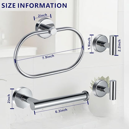 Bathroom Hardware Set Includes Towel Ring, Toilet Paper Holder and 2 Towel Hooks, SUS304 Stainless Steel Modern Wall-Mounted Bathroom Set, Rustproof Bathroom Fitting Set (Chrome)