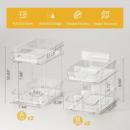 Delamu 2-Tier Under Sink Organizers and Storage, Multi-Purpose Stackable Bathroom Cabinet organizers, Pull Out Kitchen Pantry Organization and Storage with Dividers(4 Pack, Clear)