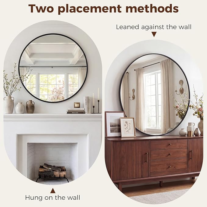 Sweetcrispy 24 Inch Round Wall Mirror, Bathroom Mirrors for Over Sink | Matte Metal Framed, Wall Decor for Bedroom, Entryway, Anti-Rust, Tempered Glass, Hanging or Leaning, Black