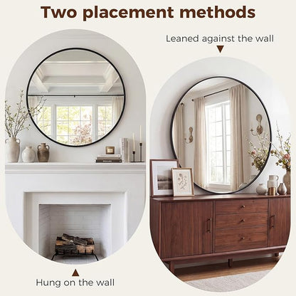 Sweetcrispy 24 Inch Round Wall Mirror, Bathroom Mirrors for Over Sink | Matte Metal Framed, Wall Decor for Bedroom, Entryway, Anti-Rust, Tempered Glass, Hanging or Leaning, Black