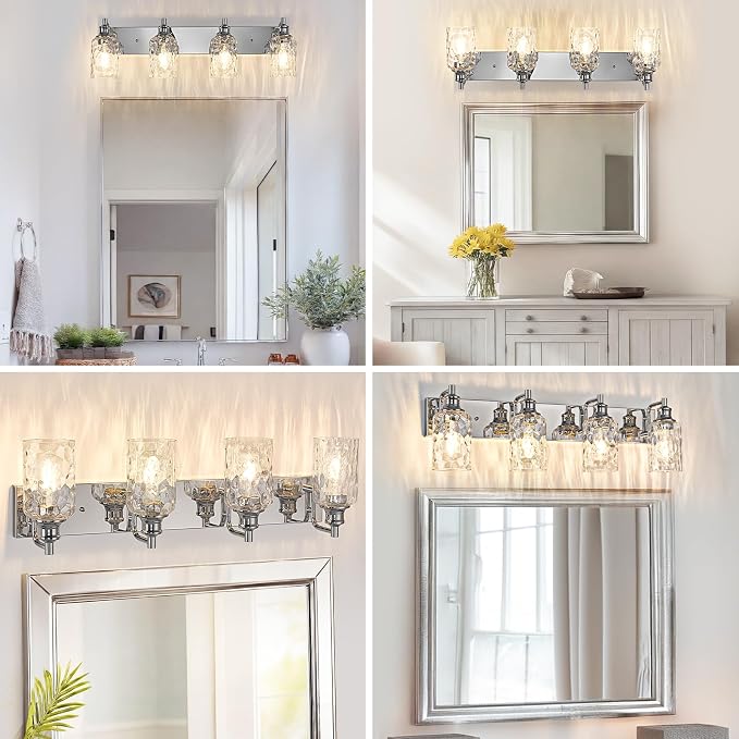 Bathroom Light Fixtures Over Mirror, 4 Lights Vanity Lights with Hammered Glass Shade, 30.8" Chrome Farmhouse Bathroom Light Fixtures for Bedroom, Porch, Hotel, Mirror Cabinet