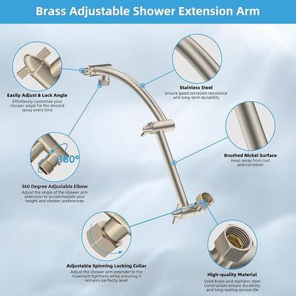 Hibbent All Metal 10'' Rain Shower Head, 16'' Extension Arm, Brushed Nickel | cUPC Certified High Pressure Rainfall Showerhead with Solid Brass Adjustable Shower Head Extension Arm, Fixed Showerheads