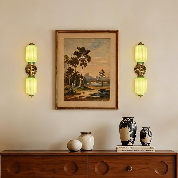 2-Light Vintage Bathroom Light Fixtures, Milk Glass Retro Vanity With Light Green Shade & Gold Carved Metal, Hardwired Antique Wall Sconce For Living Room, Bedroom, Dining Room, Kitchen (Green)
