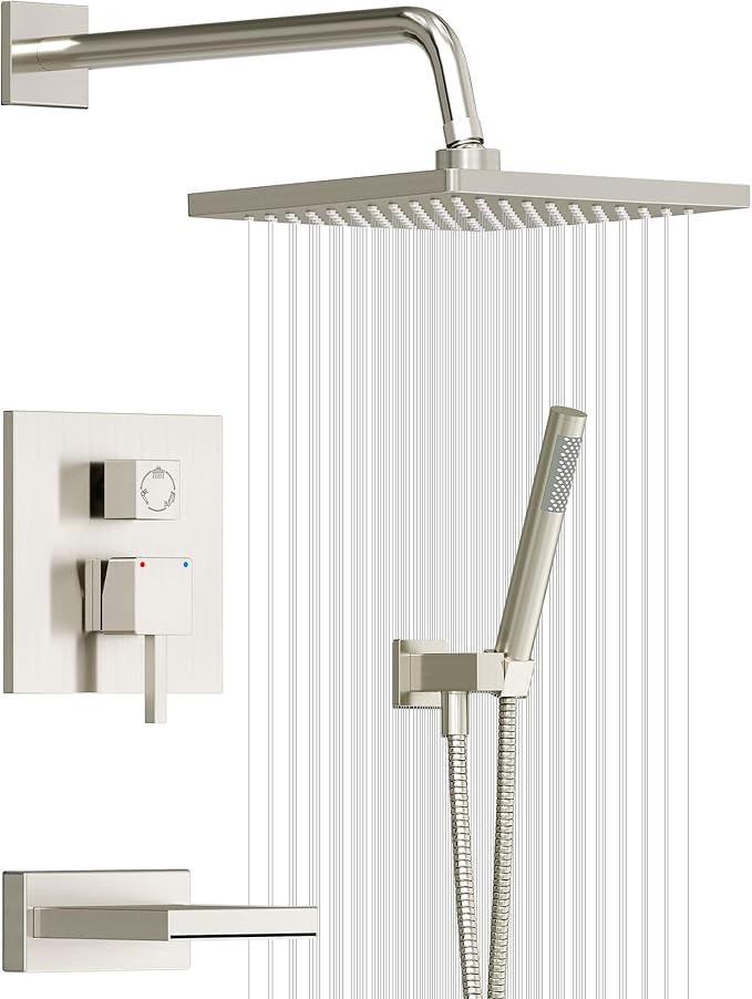 Esnbia Shower System with Tub Spout, Wall Mounted Bathtub Shower Faucet Set, 10 Inch Rain Shower Head and Handheld Shower Head Set, High Pressure Tub Shower Kit with Shower Valve, Brushed Nickel