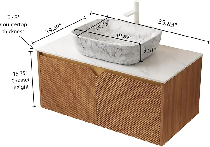 Floating Bathroom Vanity with Sink, 36" Bathroom Storage Cabinet with Sintered Stone Countertop & Marble-Pattern Ceramic Basin, Wall-Mounted Vanity with 2 Twill Pattern Doors, Brown Oak