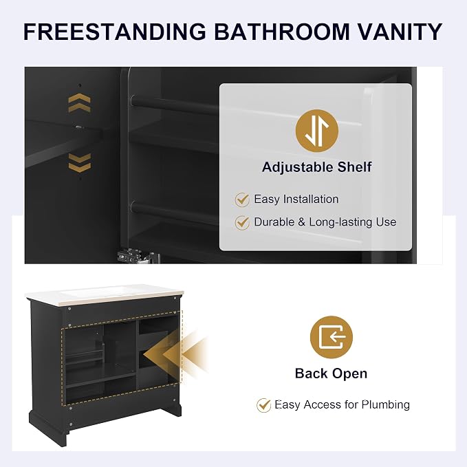 36" Bathroom Vanity with Ceramic Sink,Freestanding Storage Cabinet w/Soft-Close Door and 2 Tip-Out & 2 Drawers,Undermount Single Basin Bath Vanity Set w/Adjustable Shelf,Black