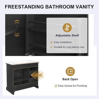 36" Bathroom Vanity with Ceramic Sink,Freestanding Storage Cabinet w/Soft-Close Door and 2 Tip-Out & 2 Drawers,Undermount Single Basin Bath Vanity Set w/Adjustable Shelf,Black