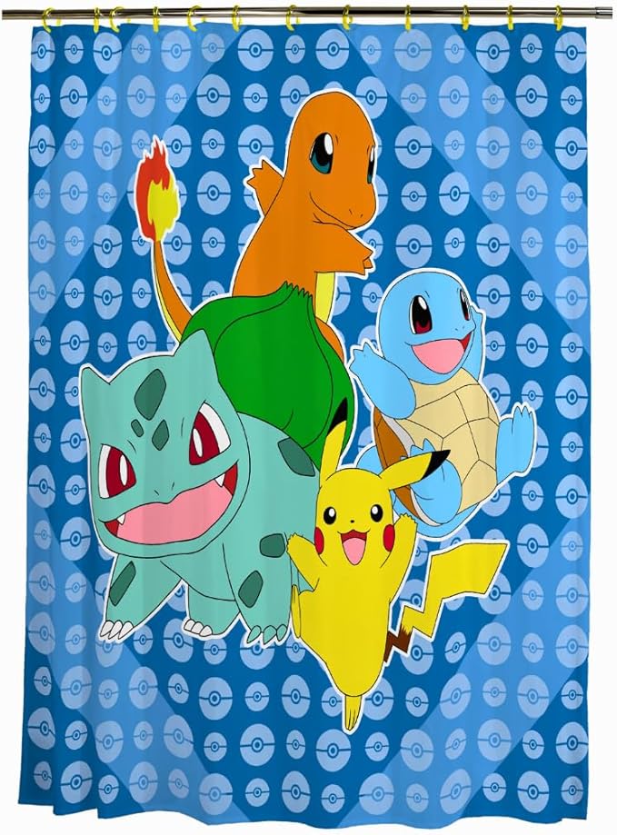 Pokemon Anime 13-Piece Shower Curtain Set, 72 x 72 Inch Fabric Curtain with Hooks, Bathroom Decor, Machine Washable, (100% Officially Licensed Product) by Franco Collectibles