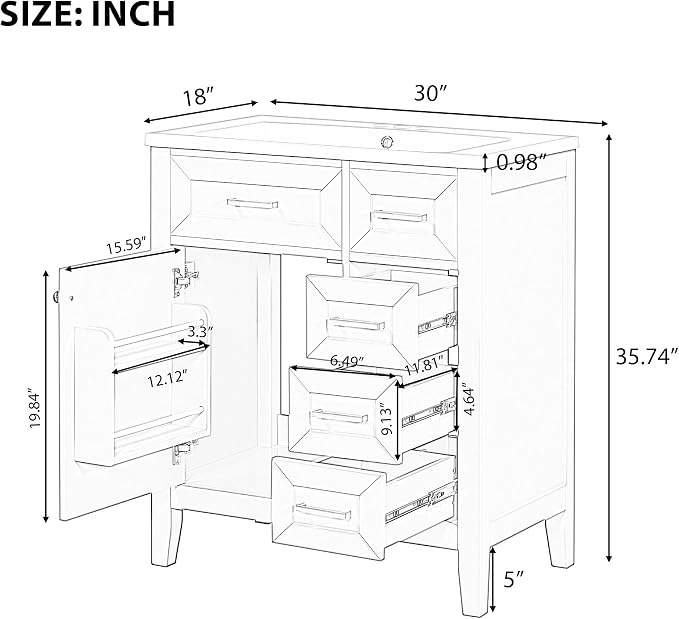 30 Inch Bathroom Vanities with Undermount Ceramic Sink, Storage Cabinet with Soft Closing Doors, Three Drawers and Organizer Rack Shelf, Solid Wood Frame, White
