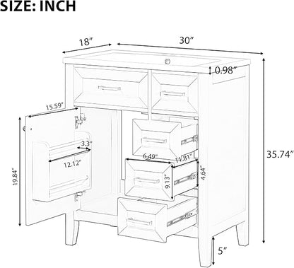 30 Inch Bathroom Vanities with Undermount Ceramic Sink, Storage Cabinet with Soft Closing Doors, Three Drawers and Organizer Rack Shelf, Solid Wood Frame, White