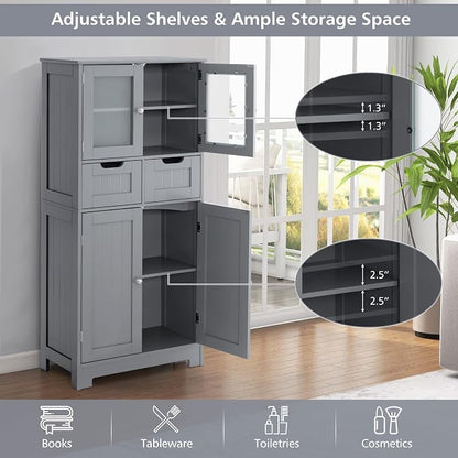 Giantex Bathroom Floor Storage Cabinet - Freestanding Cabinet with 2 Glass Doors, 2 Drawers & Adjustable Shelves, Multifunctional 50.5” Tall Storage Organizer Cupboard for Kitchen, Living Room (Gray)