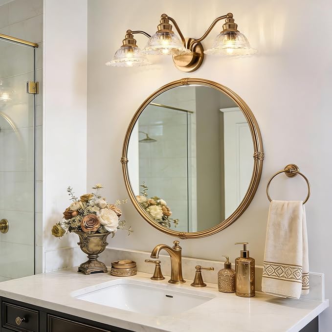 Redluck Vintage Bathroom Vanity Light Fixture, 3-Light Bathroom Lighting Fixtures Over Mirror, Antique Brass Finish with Crystal Glass Shade, Wall Sconces Lighting for Bedroom, Living Room, Hallway