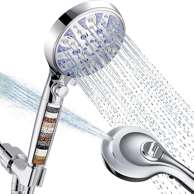 High Pressure 9-mode Filtered Handheld Shower Head with ON/OFF Pause Switch | Detachable Showerhead, 15 Stage Water Softener Filters for Hard Water Remove Chlorine, Meet cUPC and CEC Certification