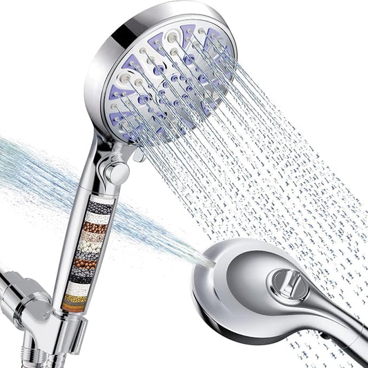 High Pressure 9-mode Filtered Handheld Shower Head with ON/OFF Pause Switch | Detachable Showerhead, 15 Stage Water Softener Filters for Hard Water Remove Chlorine, Meet cUPC and CEC Certification