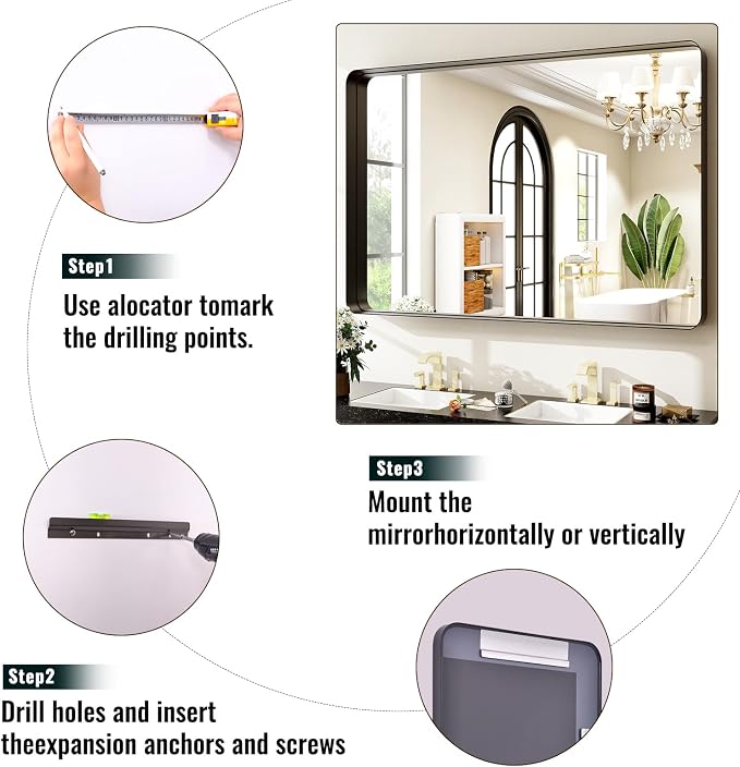 Easly 30"x40" Black Bathroom Mirror - Modern Mirror for Wall with Rounded Corners. Bathroom Mirrors for Vanity, Aluminum Alloy Framed Mirror Portrait or Landscape Hang, Rectangle Mirrors