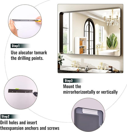Easly 30"x40" Black Bathroom Mirror - Modern Mirror for Wall with Rounded Corners. Bathroom Mirrors for Vanity, Aluminum Alloy Framed Mirror Portrait or Landscape Hang, Rectangle Mirrors