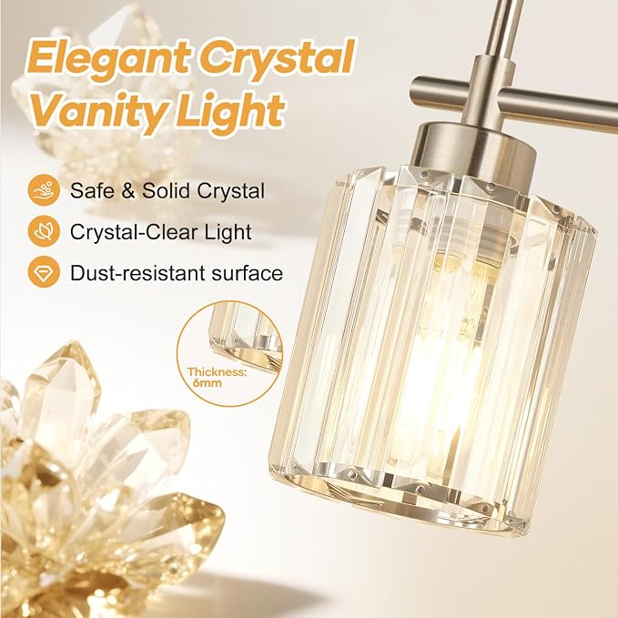 3-Light Bathroom Vanity Light Fixture, Brushed Nickel Bathroom Light with K9 Clear Crystal Shades, Modern Wall Sconce Lighting for Bathroom Mirror, Bedroom, Hallway
