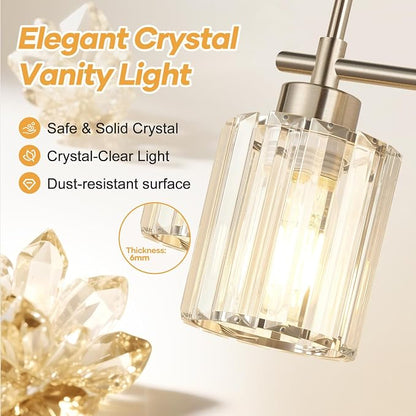 Modern Crystal Vanity Light Fixtures, 4-Light Brushed Nickel Bathroom Vanity Lighting Over Mirror, Bathroom Light Fixture with K9 Clear Crystal Shades for Bedroom, Living Room, Hallway