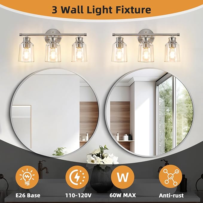Bathroom Light Fixtures Over Mirror, 3 Lights Vanity Lights with Clear Glass Shade, 18.1" Brushed Nickel Farmhouse Bathroom Wall Light Fixtures for Bedroom, Hotel, Mirror Cabinet