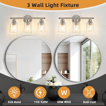 Bathroom Light Fixtures Over Mirror, 3 Lights Vanity Lights with Clear Glass Shade, 18.1" Brushed Nickel Farmhouse Bathroom Wall Light Fixtures for Bedroom, Hotel, Mirror Cabinet