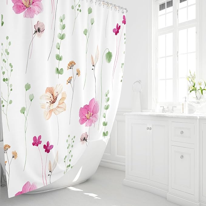 Pink Green Beige Watercolor Floral Fabric Shower Curtain, 72x72 | Waterproof Fabric, Modern Minimalist Floral Print, Machine Washable, Rustproof Grommets, for Bathroom Home
