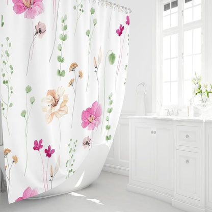 Pink Green Beige Watercolor Floral Fabric Shower Curtain, 72x72 | Waterproof Fabric, Modern Minimalist Floral Print, Machine Washable, Rustproof Grommets, for Bathroom Home