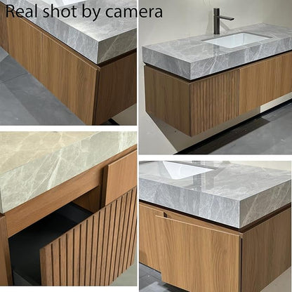 Ambrovina 48" Floating Bathroom Vanity with Sink, Modern Plywood Bathroom Storage Cabinet with Drawer and 2 Doors, Light Gray Sintered Stone Countertop and White Ceramic Basin, Pre-assembled, Dark Oak