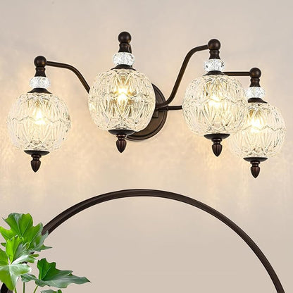 Vintage Bathroom Vanity Light, 4-Light Mid Century Oil Rubbed Bronze Finish Wall Sconce with Globe Glass Shades, Retro Mirror Light for Bathroom, Powder Room