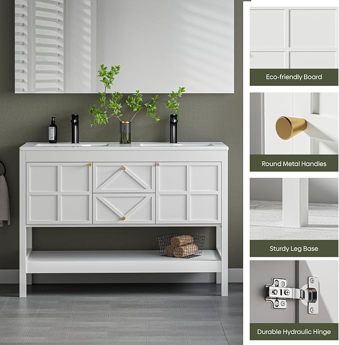 48" Bathroom Vanity with Double Sink Combo, Undermount Sink Bathroom Storage Cabinet with 2 Drawers & 2 Soft-Close Doors, Freestanding Farmhouse Cabinet with Open Storage Shelf, White