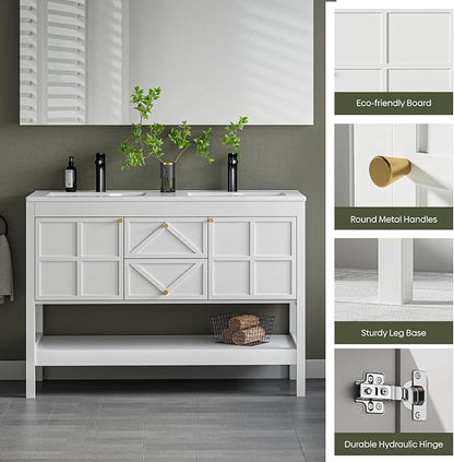 48" Bathroom Vanity with Double Sink Combo, Undermount Sink Bathroom Storage Cabinet with 2 Drawers & 2 Soft-Close Doors, Freestanding Farmhouse Cabinet with Open Storage Shelf, White