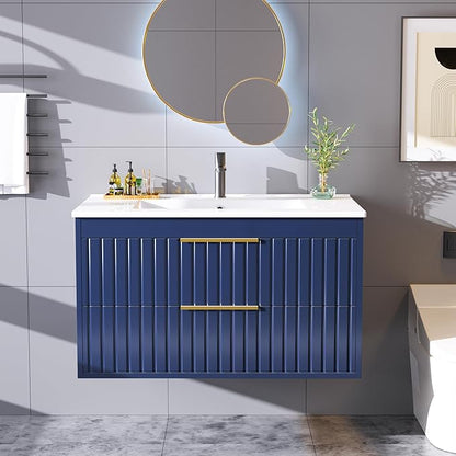 30" Bathroom Vanity with Sink, Floating Vanity Bathroom Sink Cabinet Wall Mount, Soft-Close Function 2 Large Drawers, Grooved Stripe Design, Hidden Damping Drawers, Blue