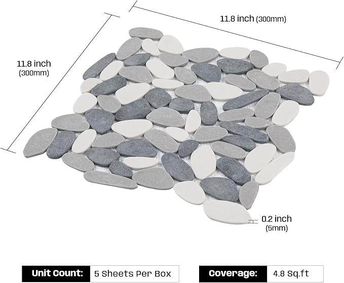 Grey Pebble Tile for Shower Floor, 12"x12" Backsplash Tiles, 5 SqFt | Slip-resistant Sliced Pebble Mosaic for Bathroom, Kitchen, Walls & Outdoor Areas, Mesh-Backed Easy to Install, Long Oval