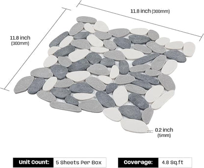Grey Pebble Tile for Shower Floor, 12"x12" Backsplash Tiles, 5 SqFt | Slip-resistant Sliced Pebble Mosaic for Bathroom, Kitchen, Walls & Outdoor Areas, Mesh-Backed Easy to Install, Long Oval