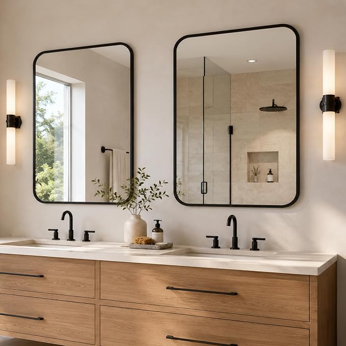 2-Pack 24x30 Inch Matte Black Rounded Rectangle Vanity Mirrors | Double Vanity or Two Bathrooms, Pair or Separate Use, Iron Frame, Layered Shadow Box Look, Two-Way Mount