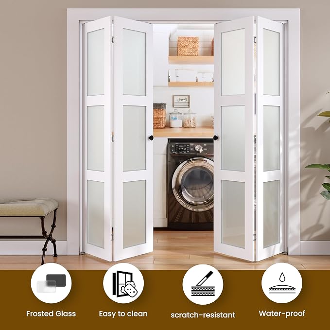 SMARTSTANDARD Bifold Door for 64" x 80-3/4" Opening, Tempered Frosted Glass | Closet Folding Doors with Hardware kit Included, White, Water-Proof PVC Surface, Easy Install, Space-Saving
