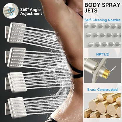 Brushed Nickel Shower Systems with 4 Body Spray Jets, STARBATH 12" Rain Showerhead with 2 Modes Handheld Spray, Can Use All at Once, Thermostatic Shower Jets System in Wall Shower Faucet Sets