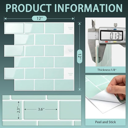 Arttown Peel and Stick 3D Wall Backsplash, 20-Sheet, 12" × 12" Aqua Green | Subway Tiles Self Adhesive Thicker Design Wall Tile Panel Wallpaper for Bathroom Balcony Kitchen
