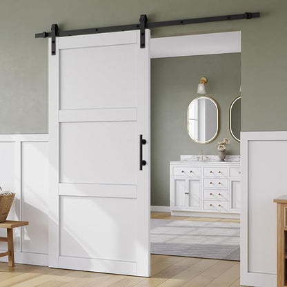 SMARTSTANDARD 42in x 84in Sliding Barn Door with 7FT Hardware Track,3 Panel | Waterproof PVC Surface, Pre-Drilled Holes Easy to Assemble, White, Solid, MDF