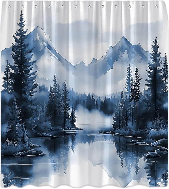 Blue Misty Forest Shower Curtain Mountain Foggy Pine Trees Landscape Watercolor Jungle Plant Rustic Nature Scenery Lake Fabric Bathroom Curtain Set with Hook