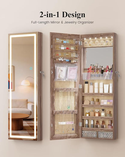 LVSOMT 42.5" Wall Mounted Jewelry Organzier with LED Mirror, Wood | Lockable Jewelry Cabinet for 30 Ring Slots, 96 Earring and 20 Necklace Hooks, Gift for Women, Girls